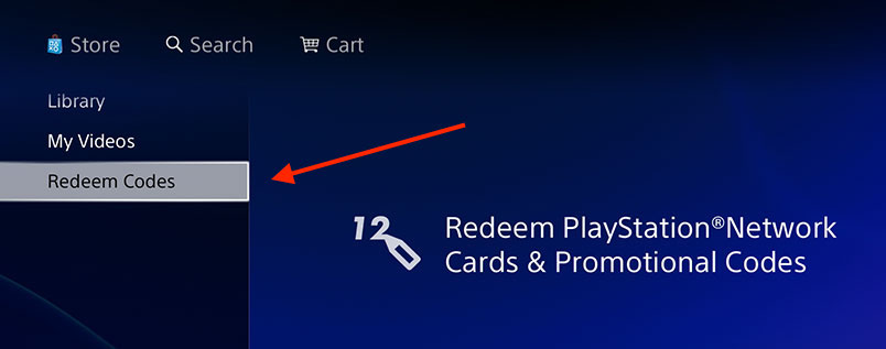 PlayStation 4 Redeem Codes menu
