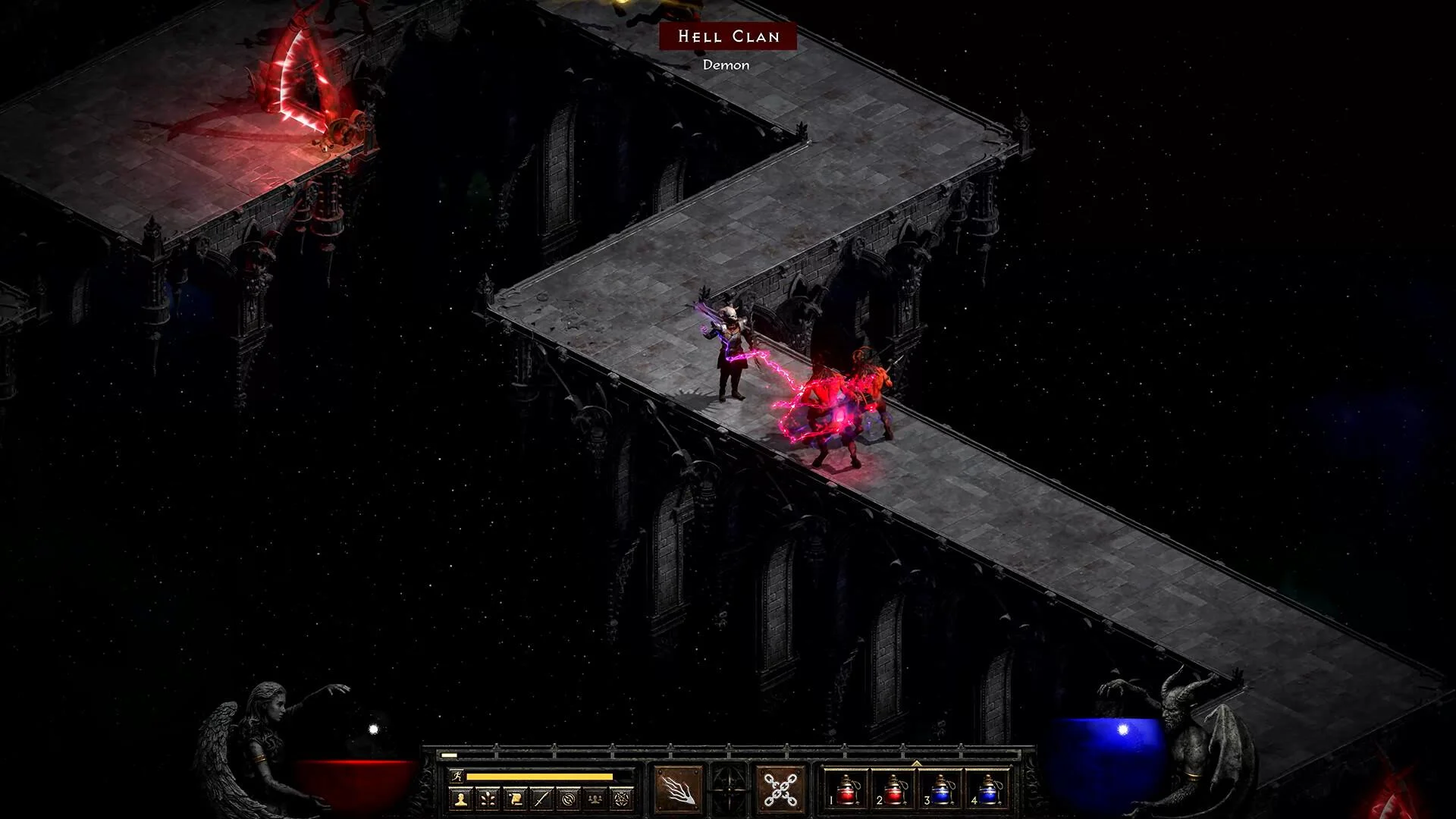 Warlock binding a Hell Clan demon with pink magic on a stone bridge
