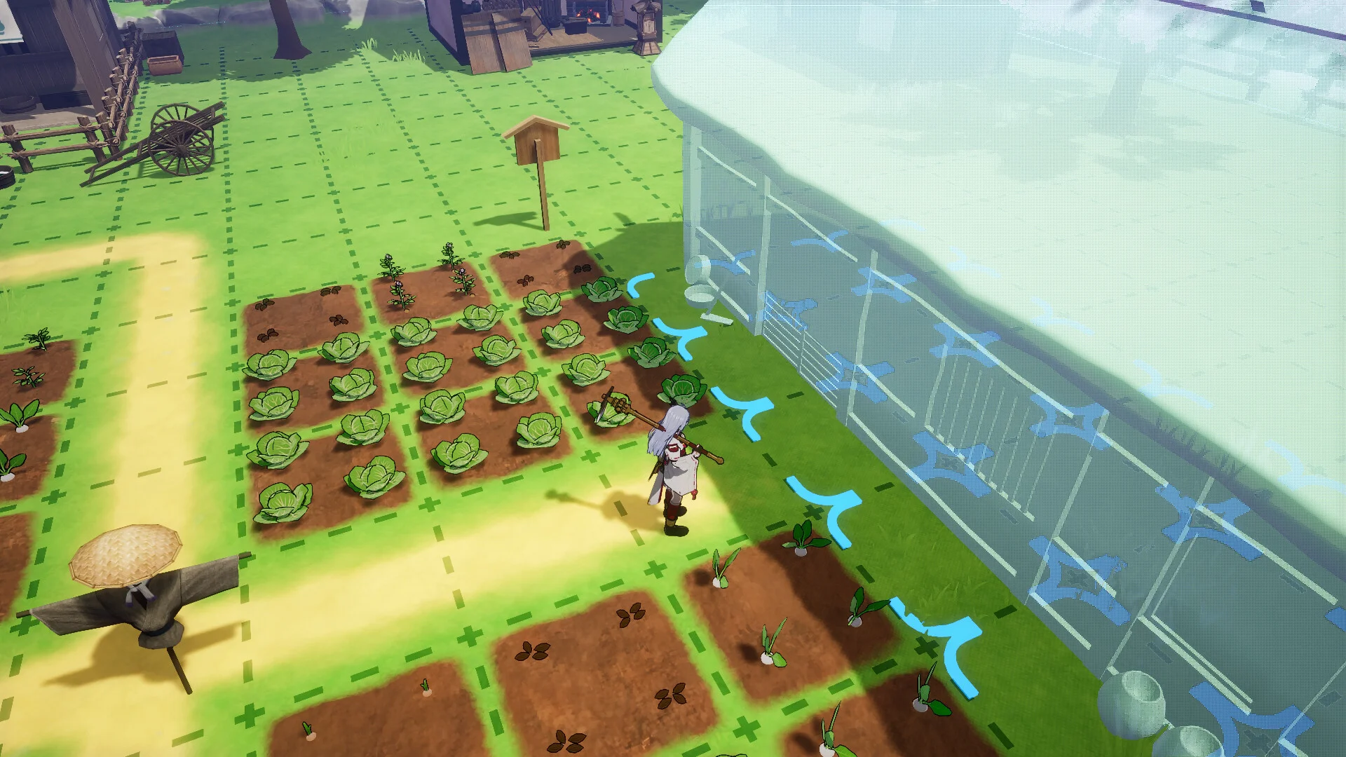 Top-down hoe work beside cabbage rows, blue irrigation lines, and a pale greenhouse on bright grass