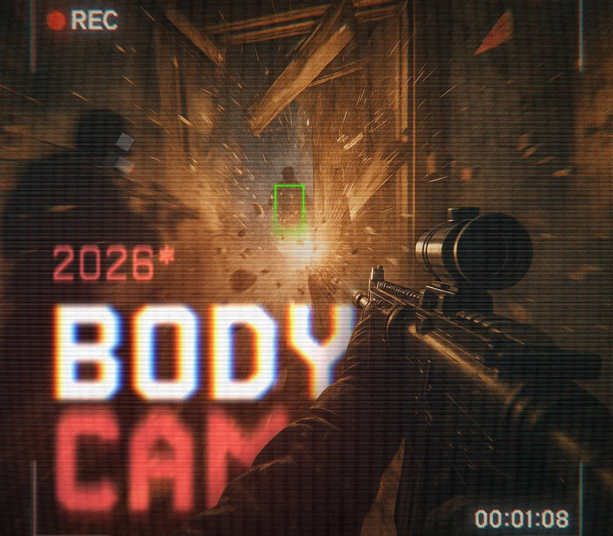 Operator in a dark jacket aiming a scoped rifle, REC overlay, BODY CAM 2026 title over an explosion