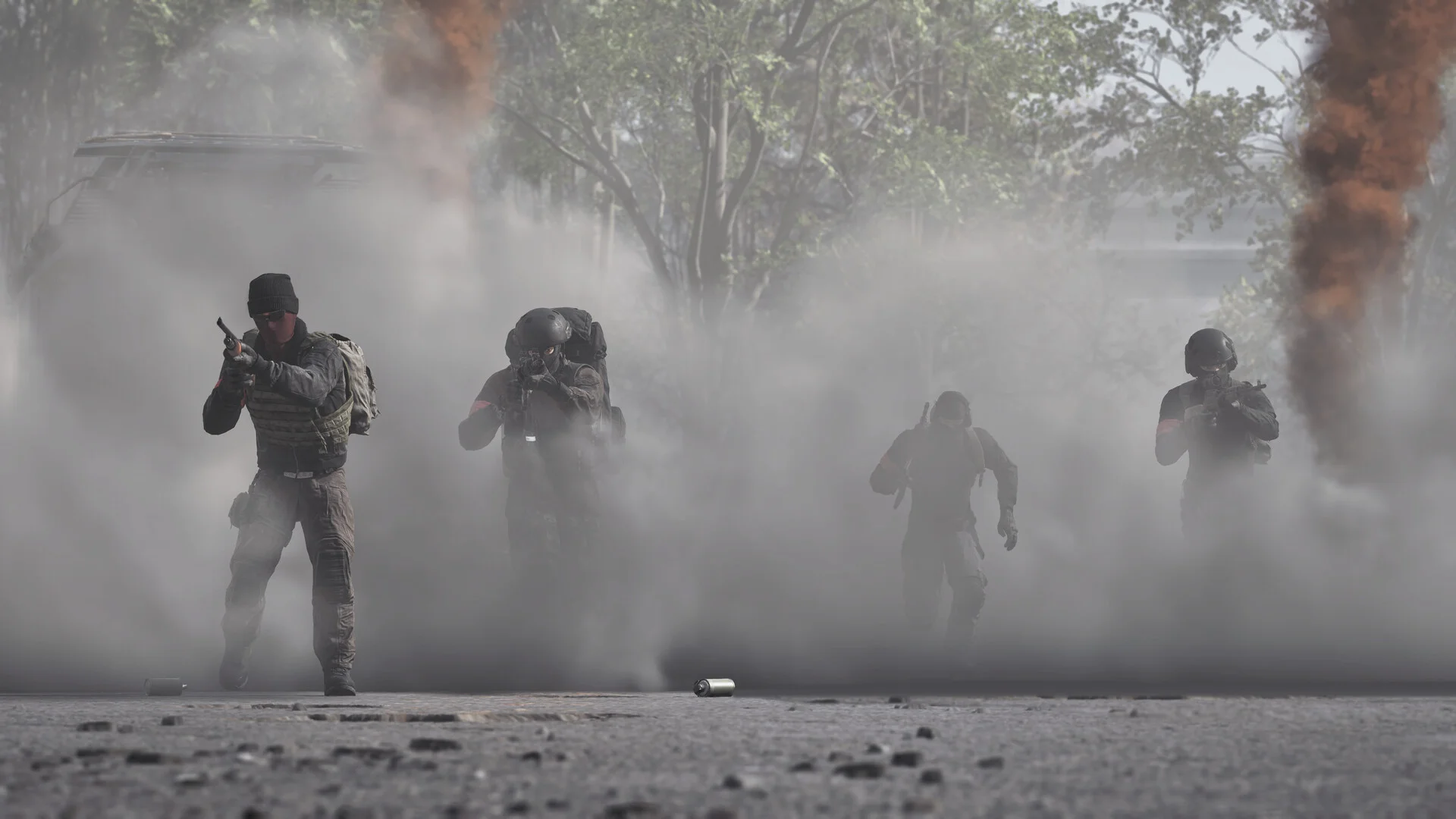 Four fighters advance through grey smoke and orange signal flares on an open road