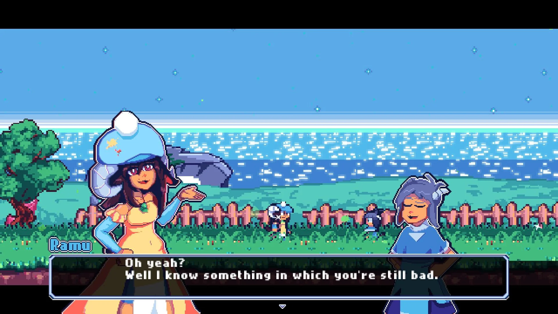 Dialogue Pamu at a seaside fence, Oh yeah Well I know something in which you are still bad