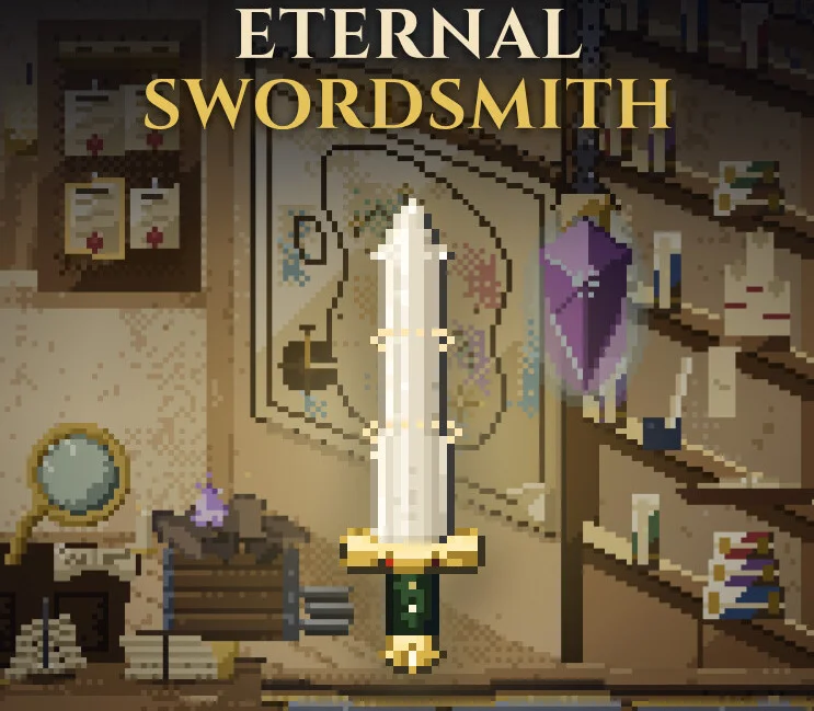 Pixel white gold-hilt sword in a workshop, Eternal Swordsmith title, purple kite shield and magnifying glass