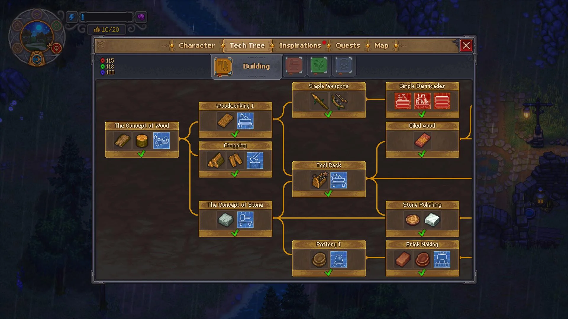 Building tech tree: Concept of Wood, Woodworking, Chopping, Pottery, Simple Weaponry and Simple Barricades with green ticks