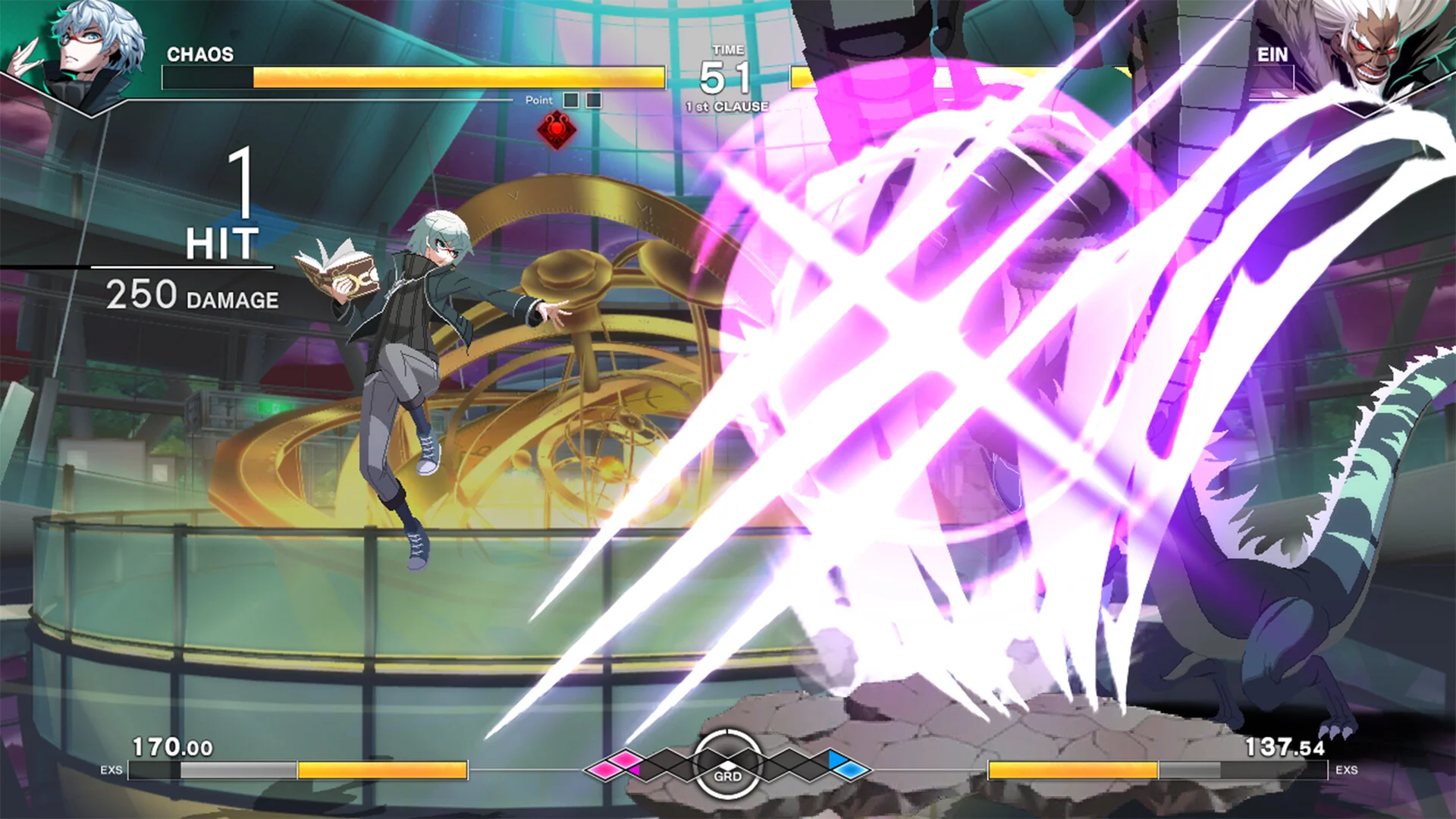 Chaos vs Ein in a museum with a gold orrery, TIME 51, Chaos 1 HIT 250 DAMAGE holding a book EXS 170.00, Ein purple claw 137.54