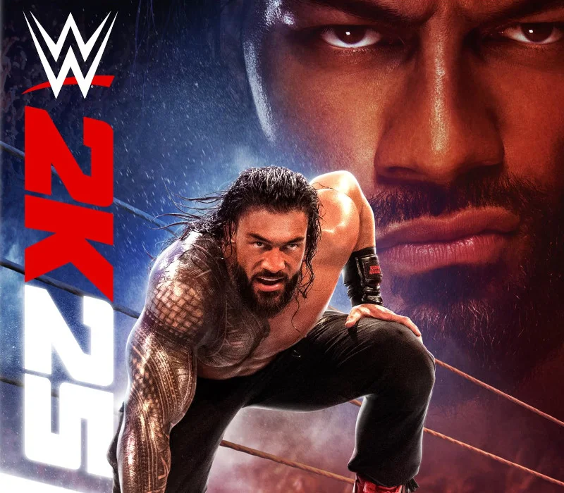 WWE 2K25 cover of Roman Reigns crouched on the ropes with a giant close-up of his face behind him