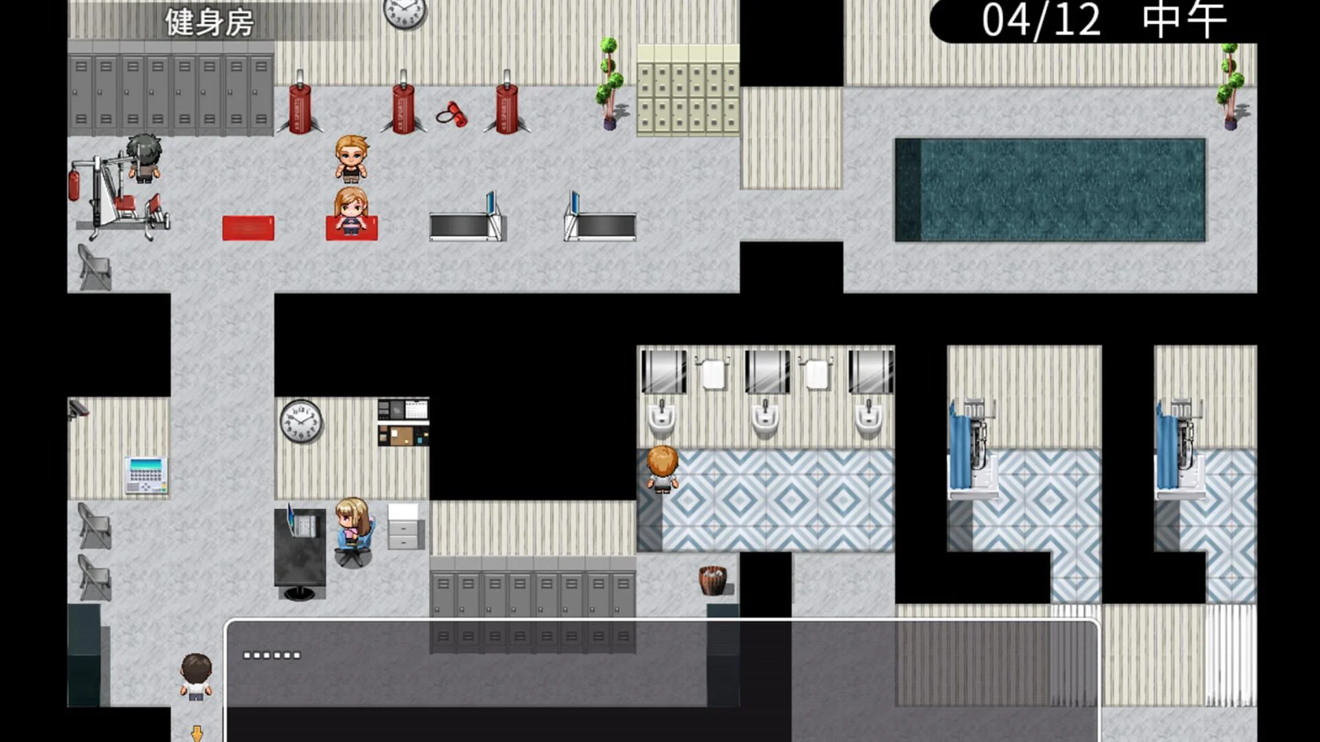 Top-down gym 健身房 04/12 noon: lockers, red mats, pool strip, showers, blonde sprites
