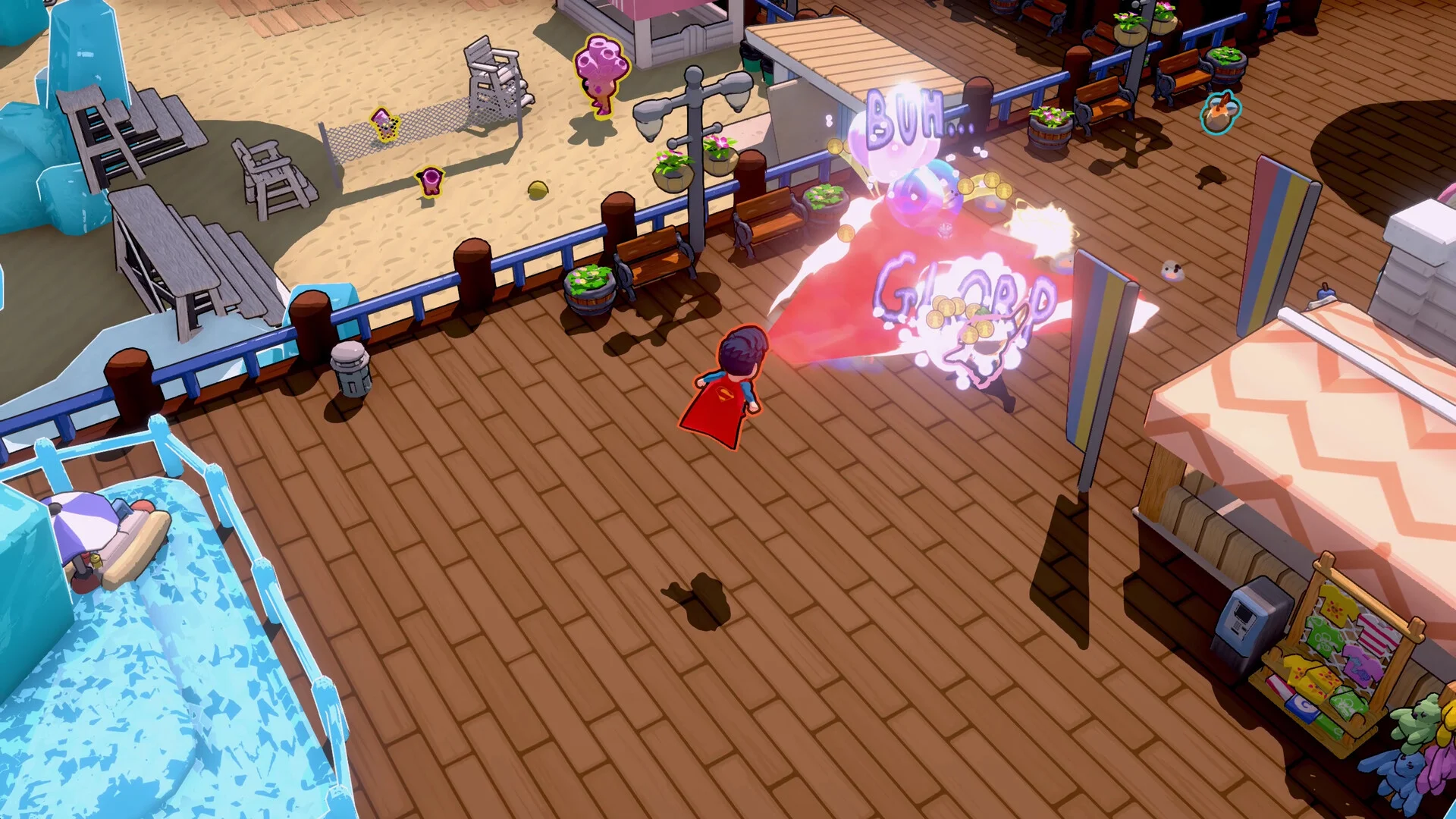 Superman on a boardwalk fighting a red slime with Glorp text