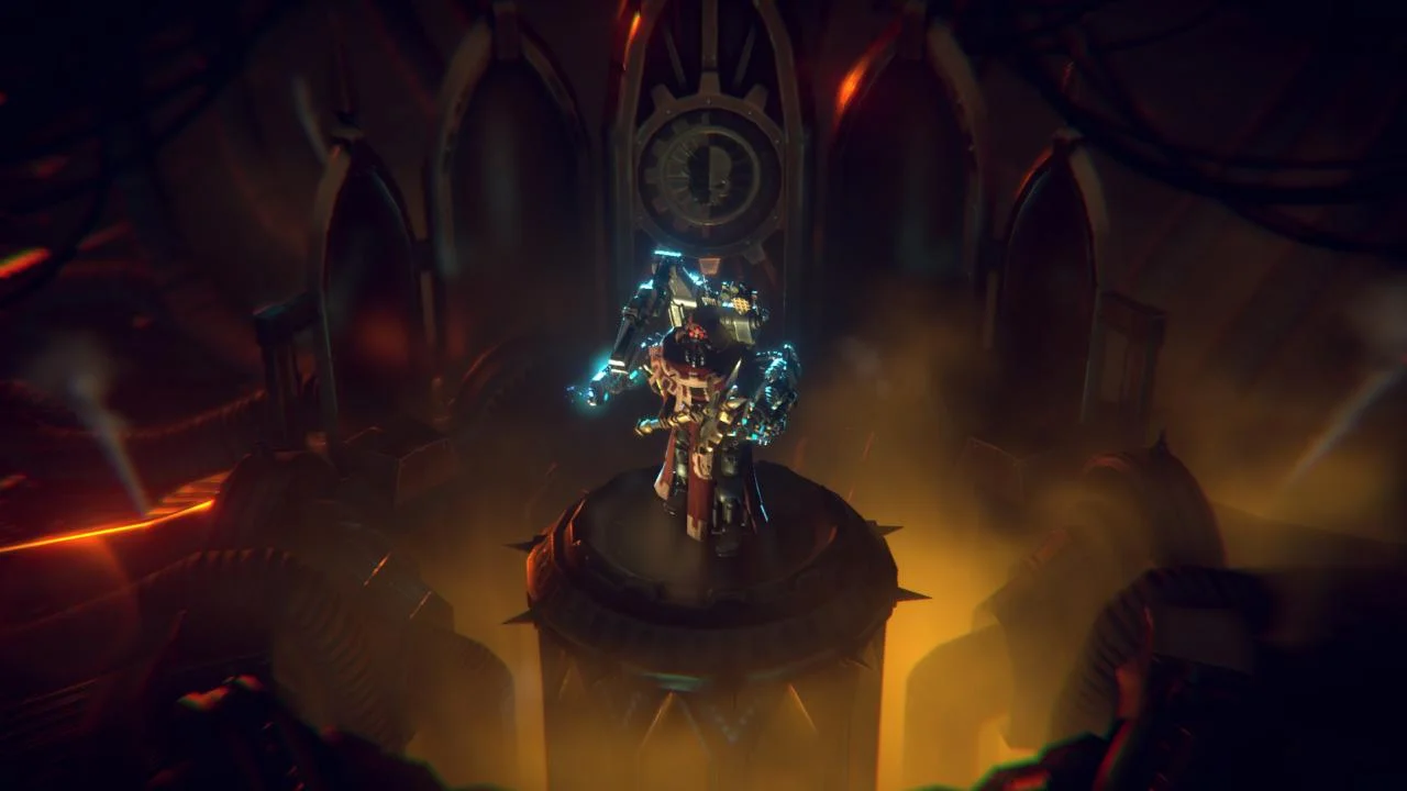 Tech-Priest on spiked platform before cog shrine with staff energy