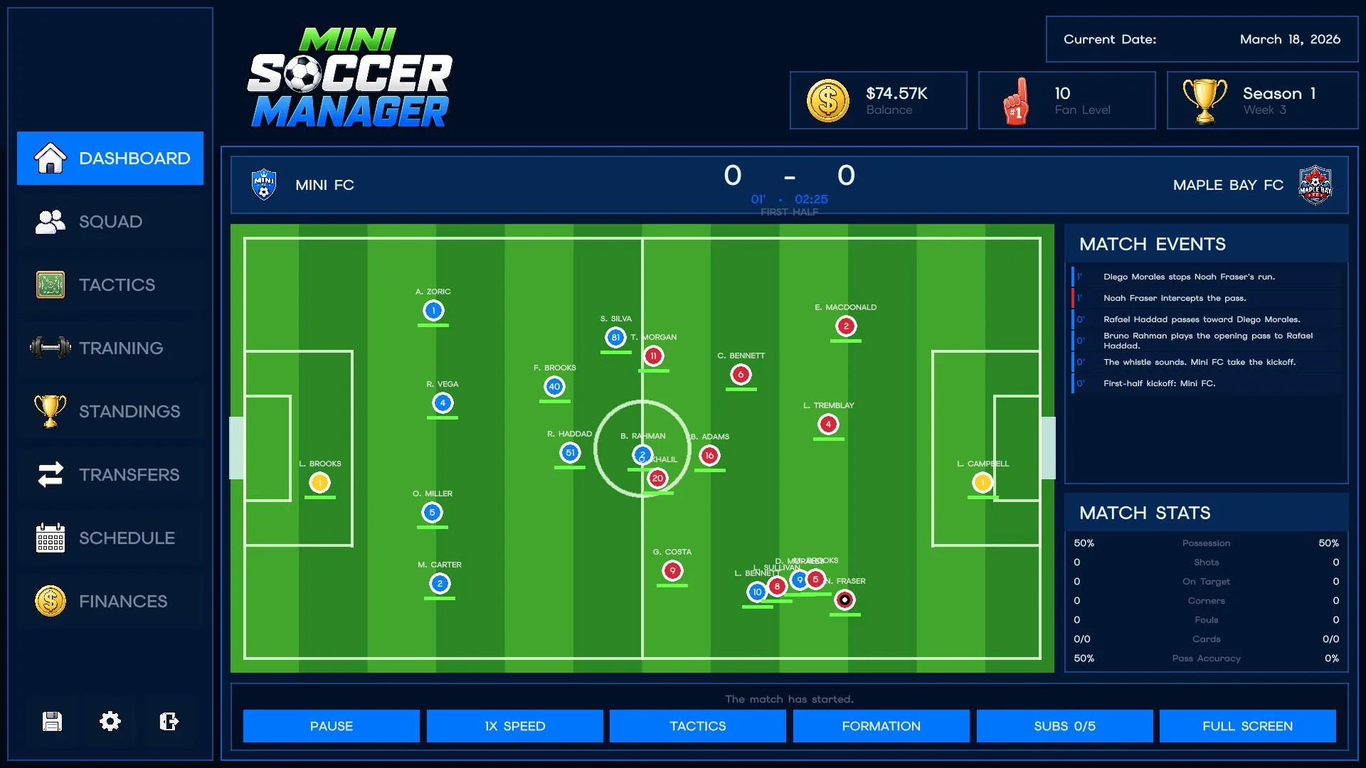 Mini Soccer Manager match-day table from last place toward the title