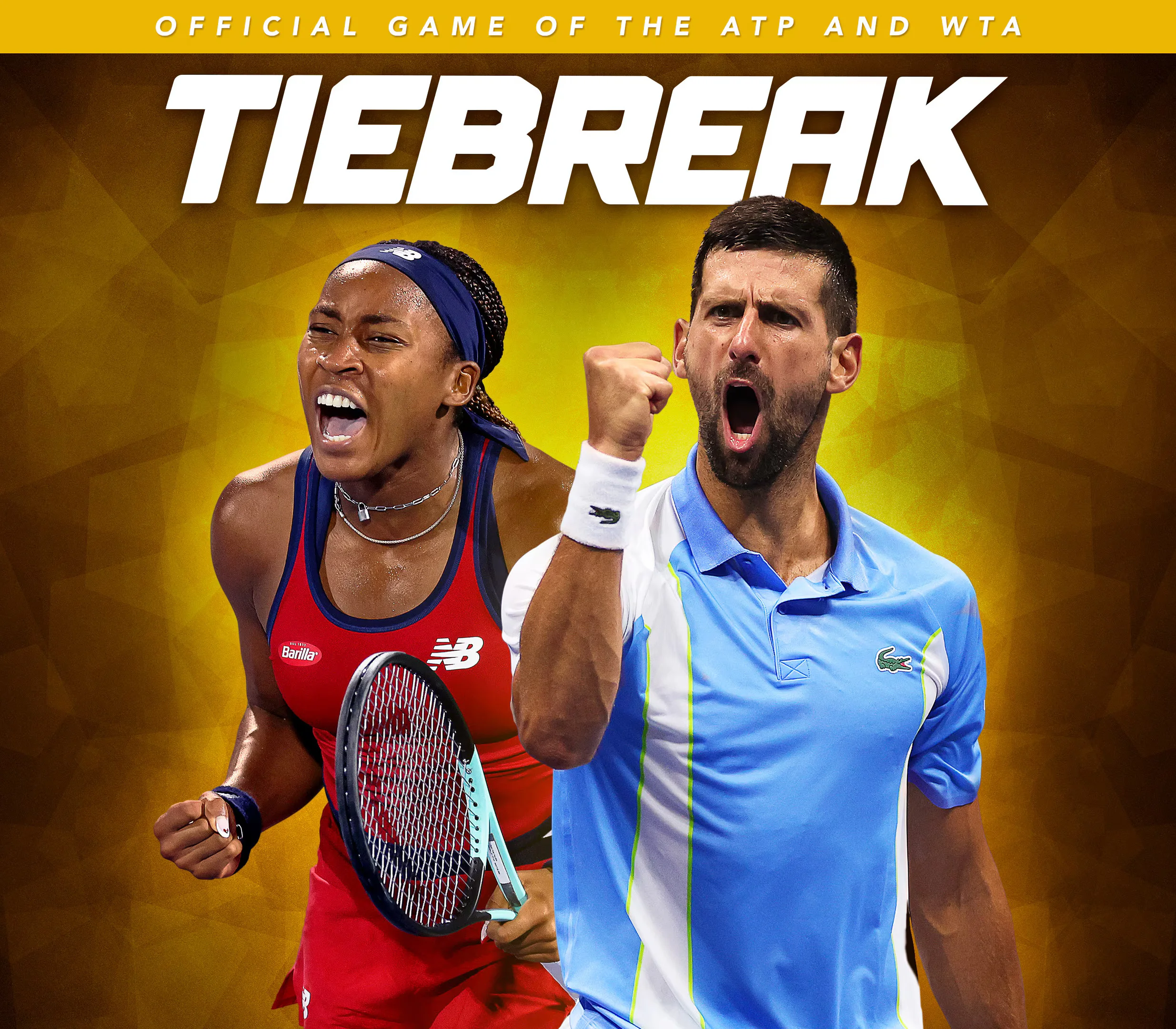 TIEBREAK cover: Coco Gauff in red and Novak Djokovic celebrating, official ATP and WTA banner