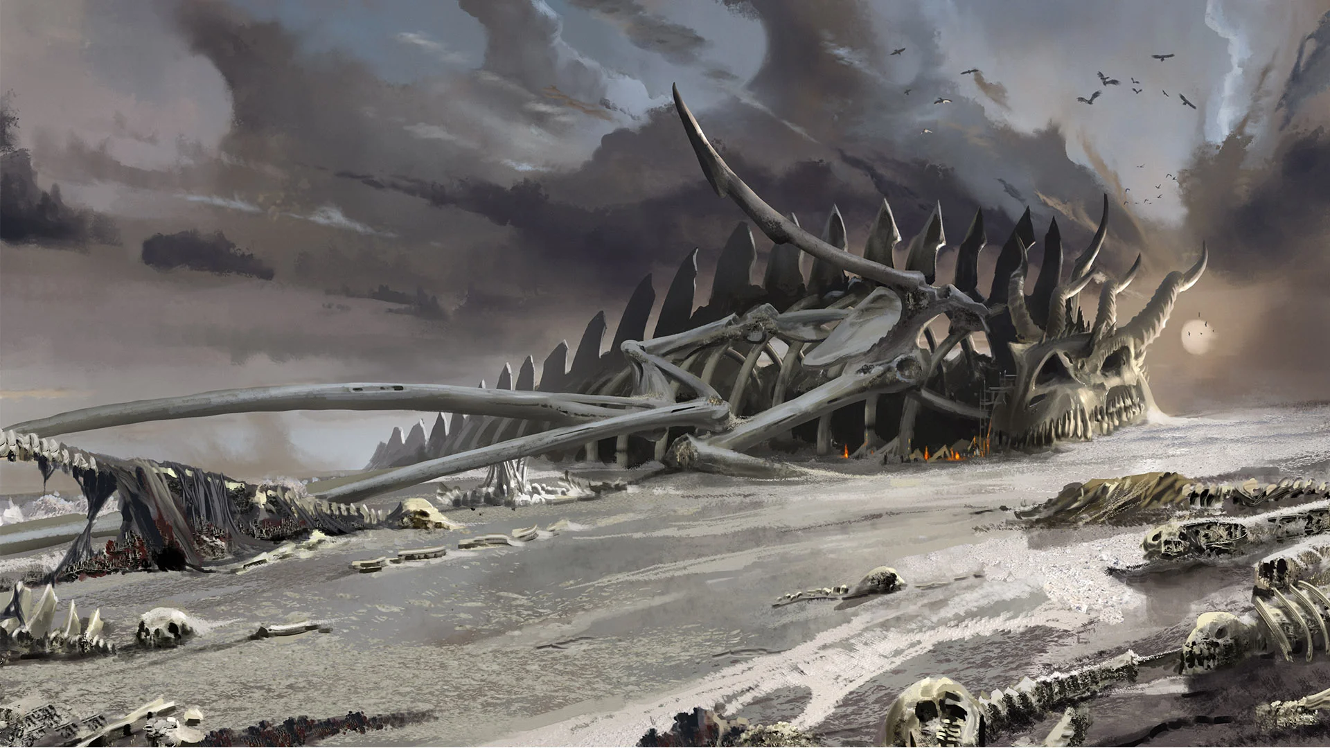 Giant pale skeleton lying in a grey waste, a small campfire under the ribs, birds in a dark sky