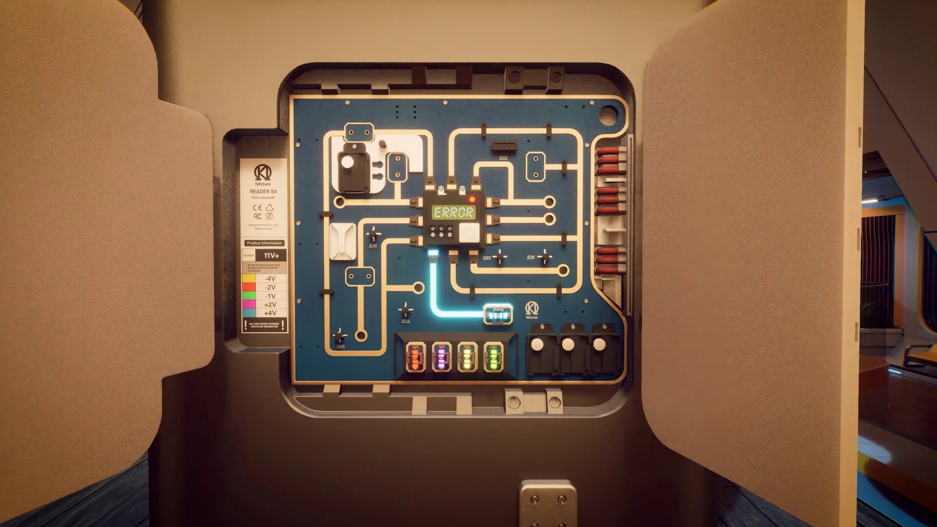 Open panel ReCore READER-D4 circuit board with ERROR, voltage legend and a cyan trace