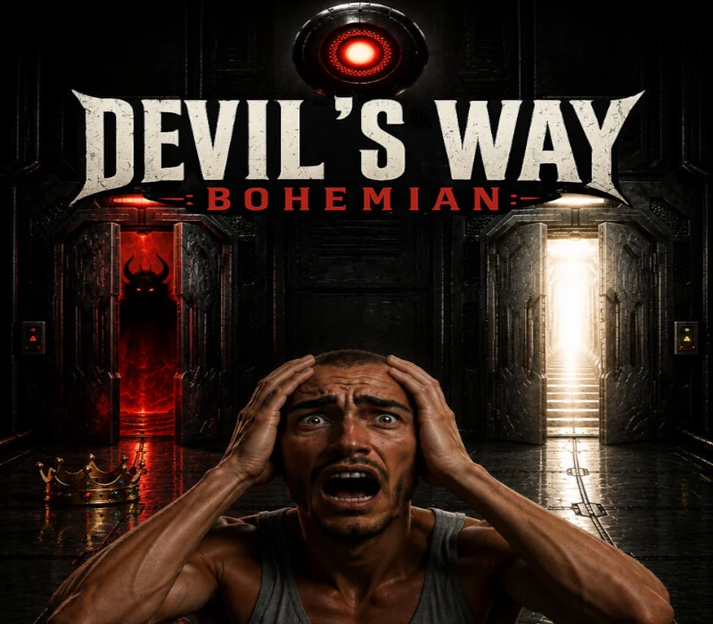 Okładka DEVIL'S WAY BOHEMIAN z przerażonym mężczyzną między czerwonymi i białymi drzwiami
