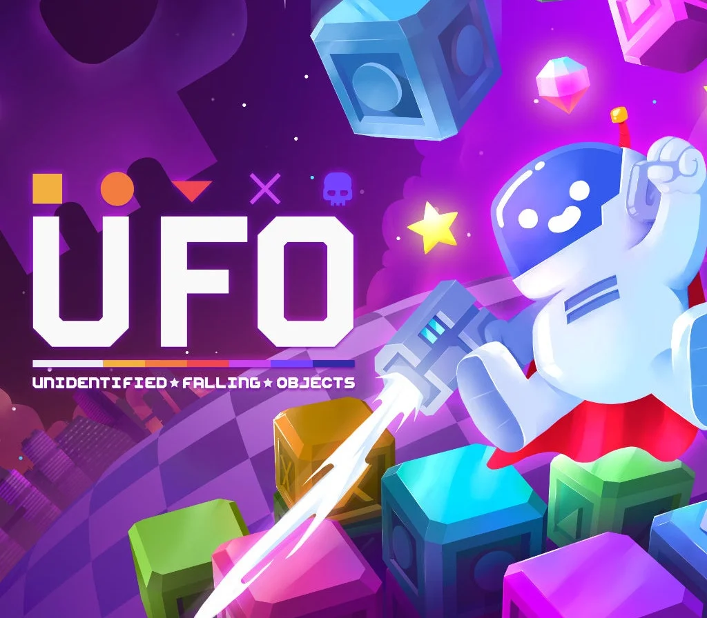 UFO cover: smiling robot with a red cape blasting colorful cubes, UNIDENTIFIED FALLING OBJECTS subtitle
