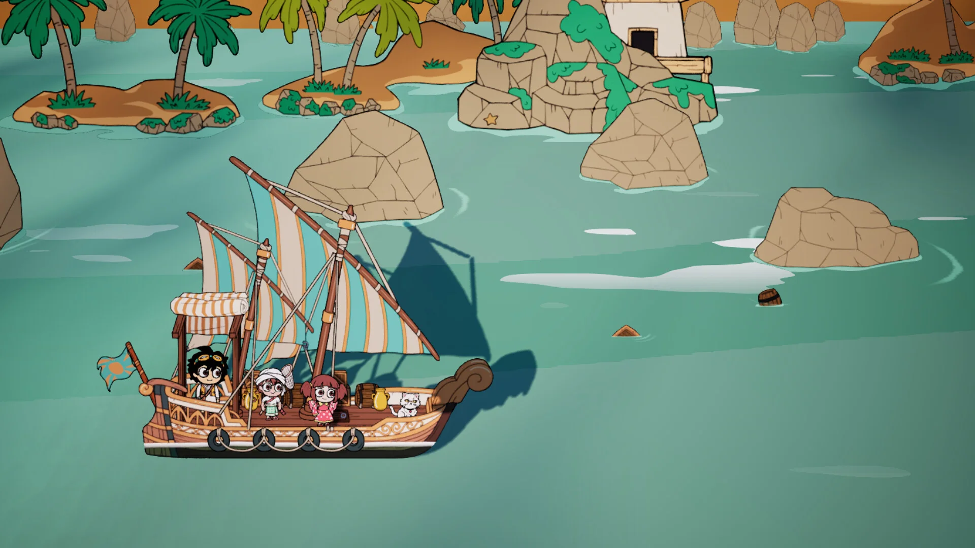 Striped sailboat with a cat on deck passing palm islands and a stone hut