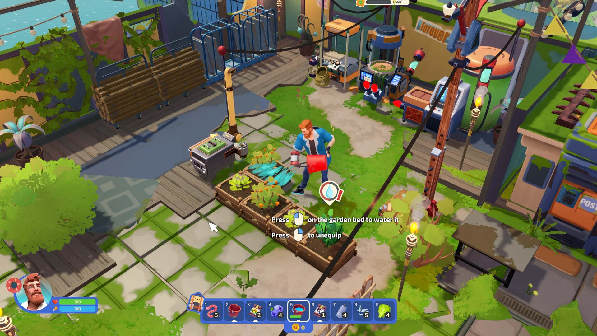 Garden bed, red watering can, prompt Press on the garden bed to water it, HUD 640, wooden crates and a POST booth