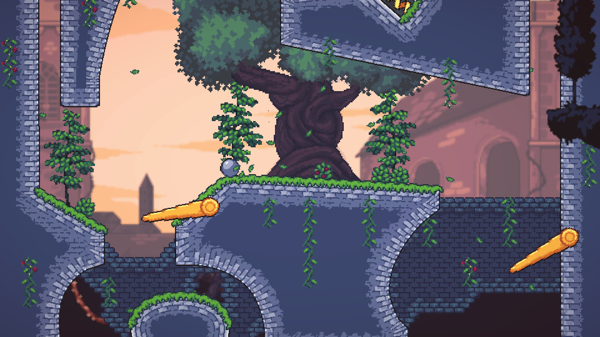 Fallosophy gameplay of a silver ball resting on a grassy stone ledge above orange flipper bars and a dusk tree