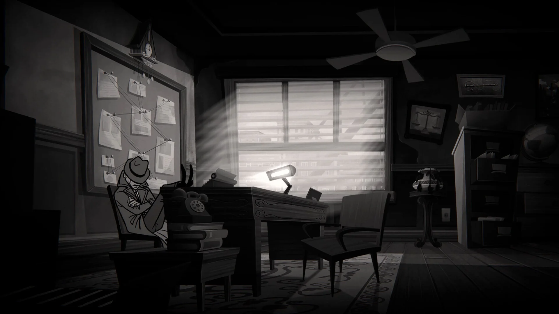 Noir office with a fedora detective in a chair, string map on the wall, venetian blinds, typewriter, rotary phone and ceiling fan