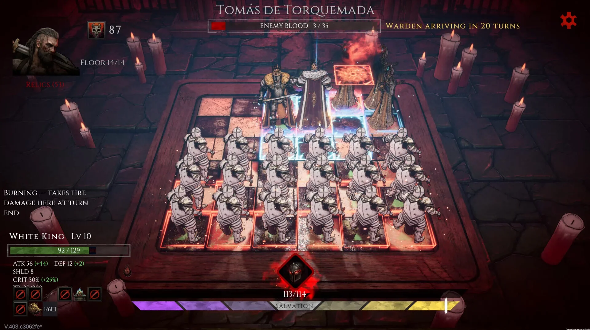 Tomás de Torquemada fight: packed white army facing a burning square, floor 14 of 14, Salvation bar