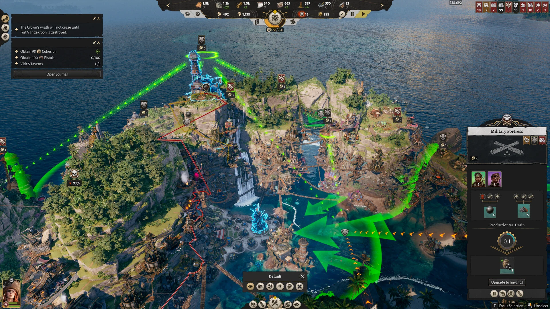 Corsair Cove crew morale in a tall hillside pirate town