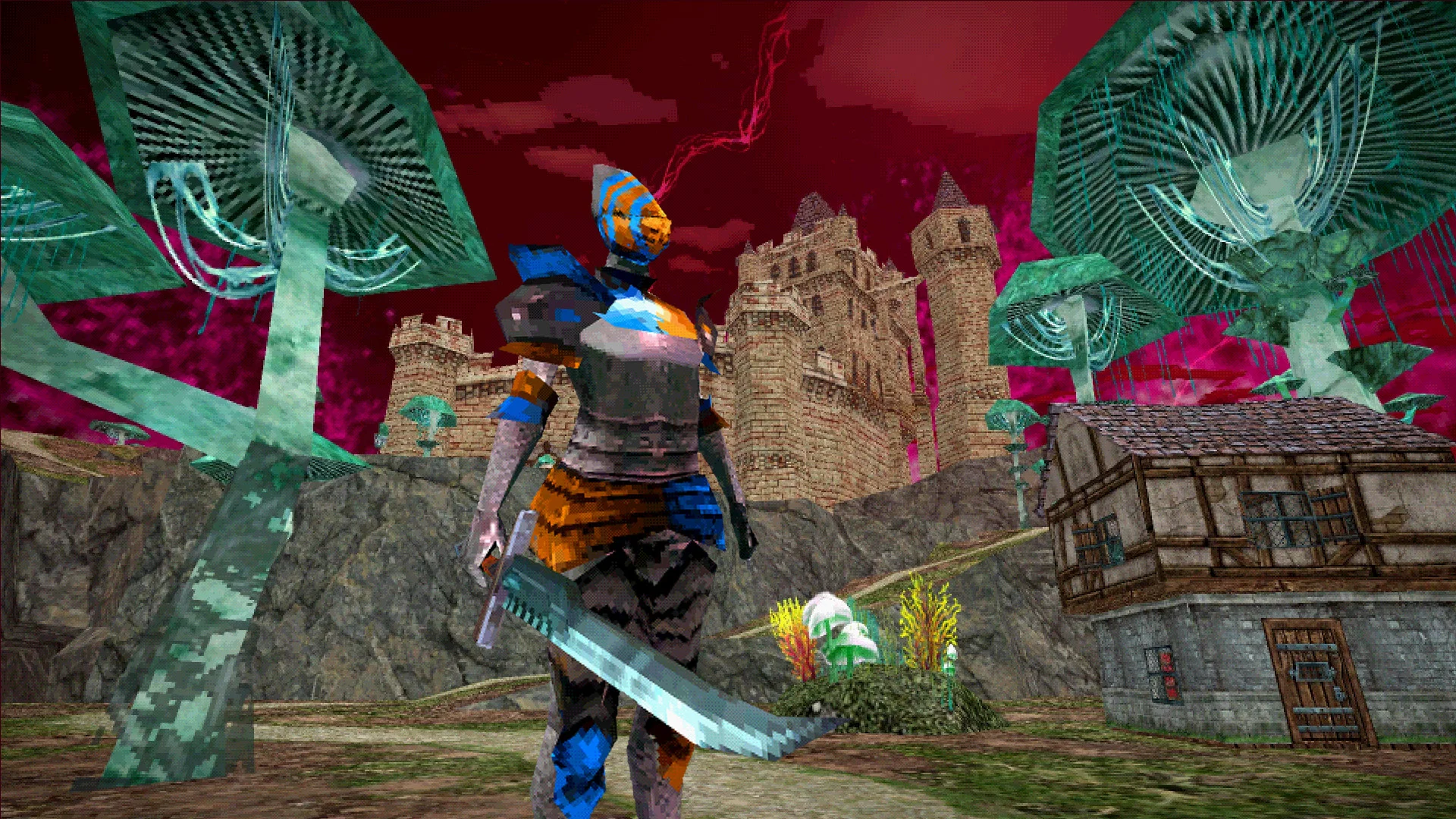 Armored figure in an orange-blue helm with a sword among giant teal mushrooms, a castle and timber cottage behind