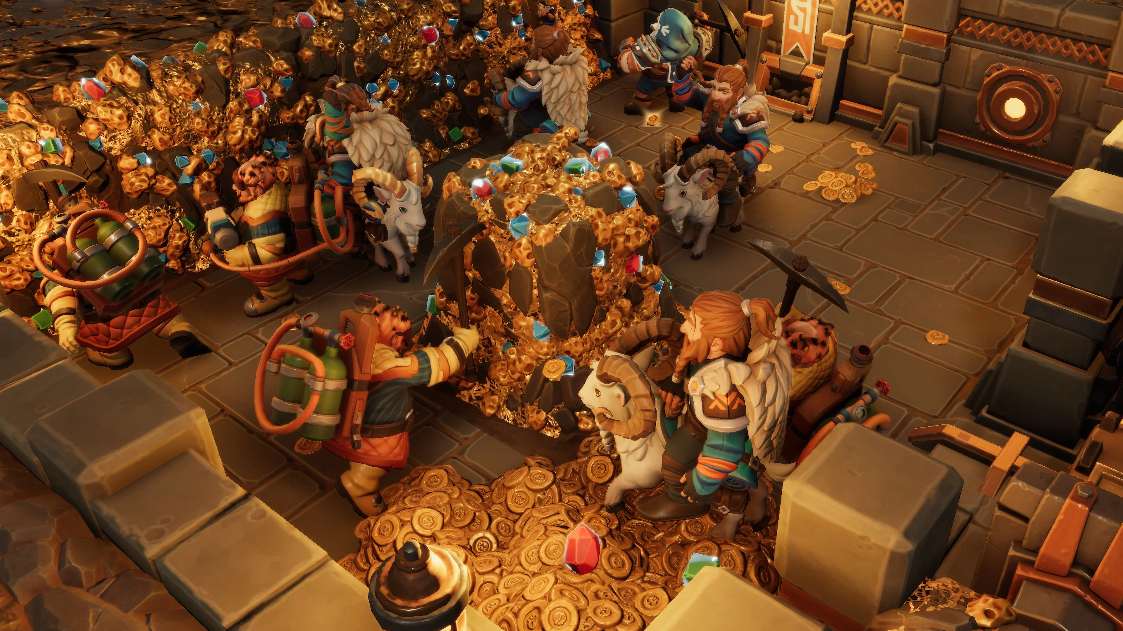 Dwarves and goats mining a gold-and-gem vein on a stone floor scattered with coins