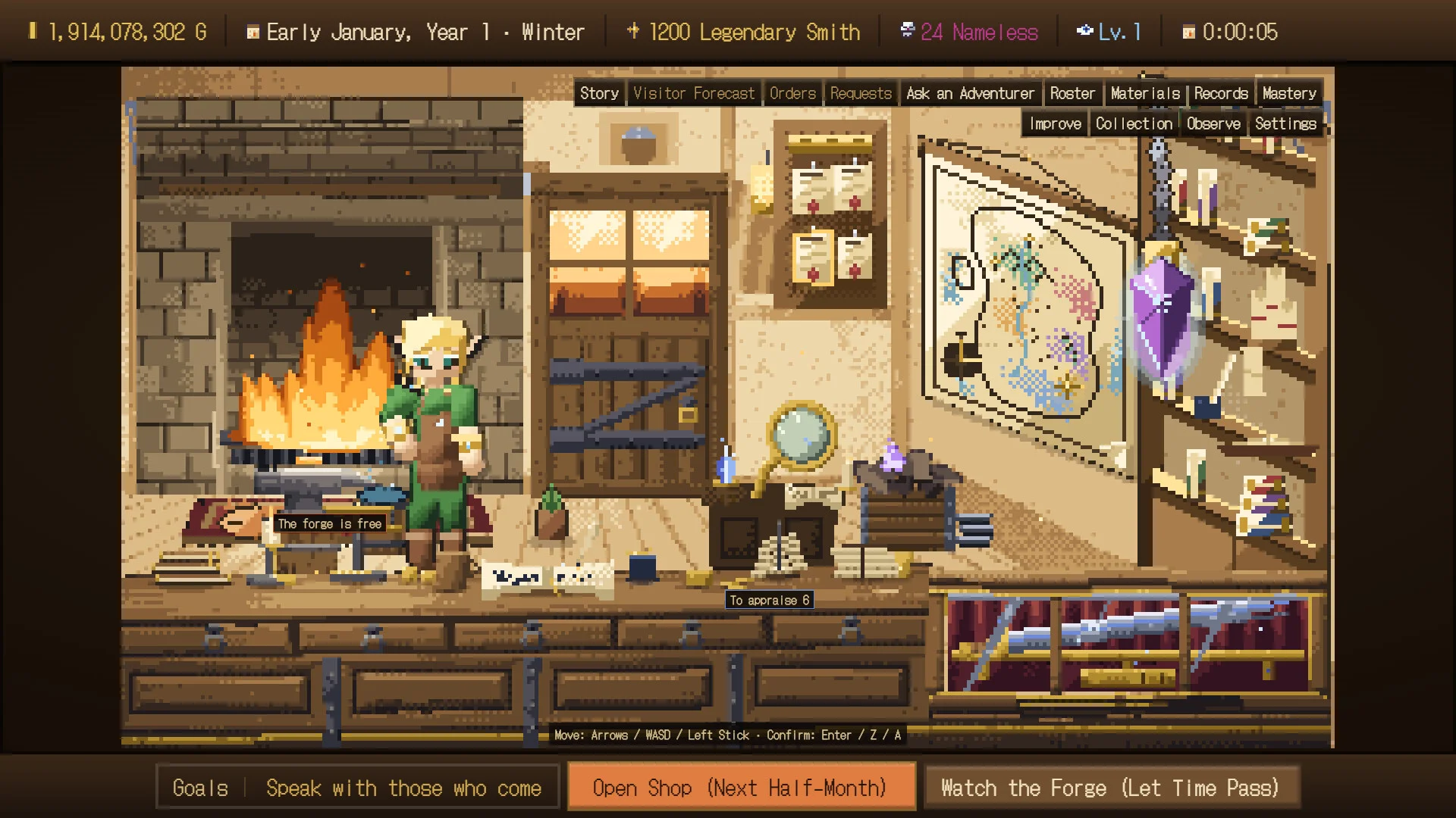 Blond elf at a stone forge, fire in the hearth, Open Shop and Watch the Forge buttons, winter Year 1