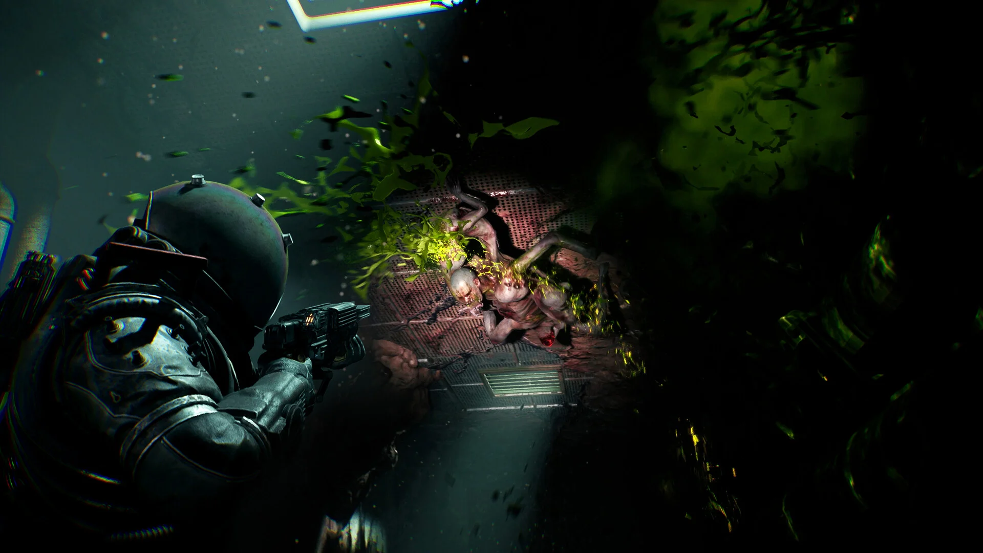 A helmeted Traveler aims a pistol at a pale creature bursting with green fluid