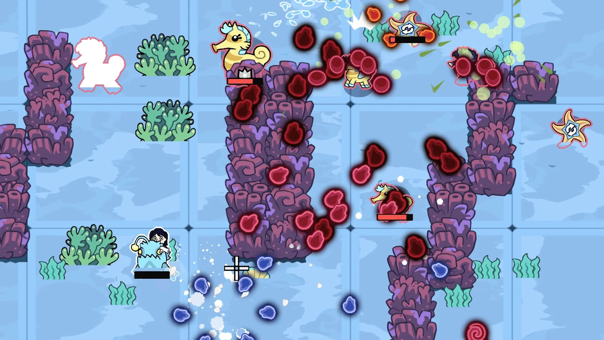 Underwater fight: rider on a water mount among seahorses, starfish and red ink clouds