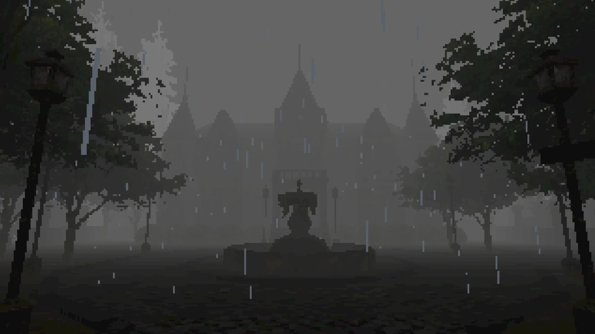 Rainy night approach to a fogged mansion, statue fountain, lamp posts and trees lining the cobbles