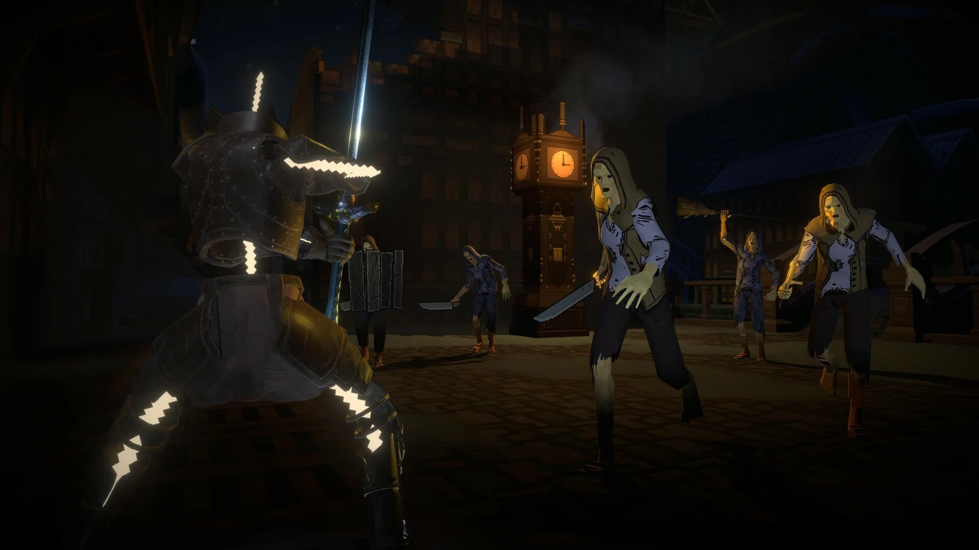 Headless knight facing hooded townsfolk with knives and a broom, glowing clock tower behind
