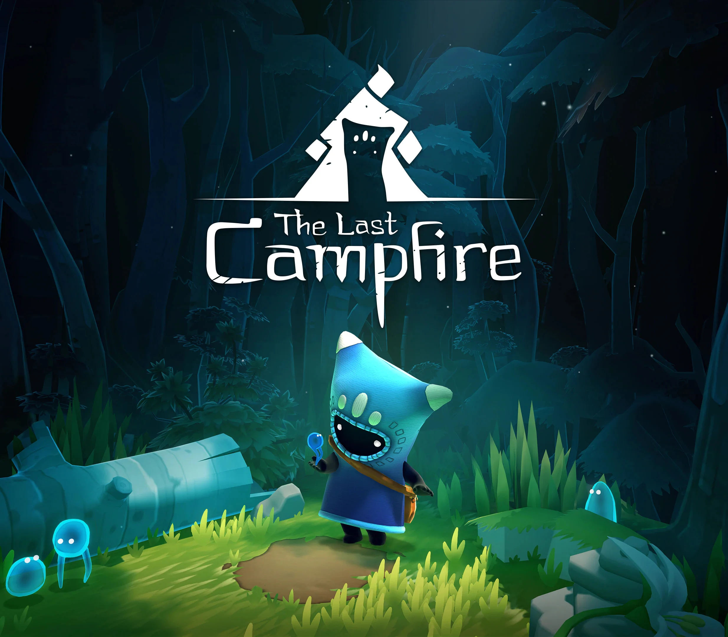 The Last Campfire cover, dark forest, white tent-and-ember mark, blue hooded figure on grass holding a glowing staff, three blue light stalks