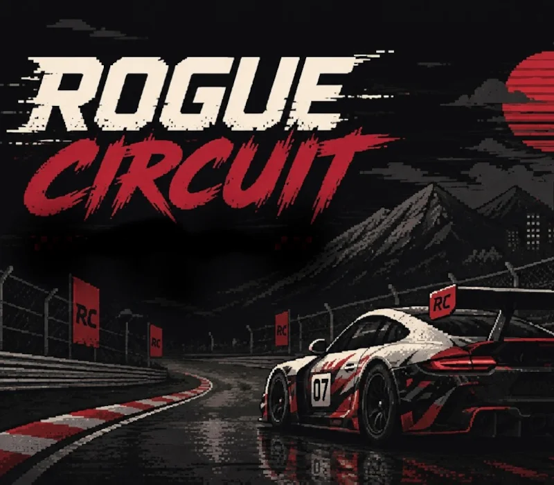 Rogue Circuit number 07 racing car on a wet night circuit beneath mountains and a red moon