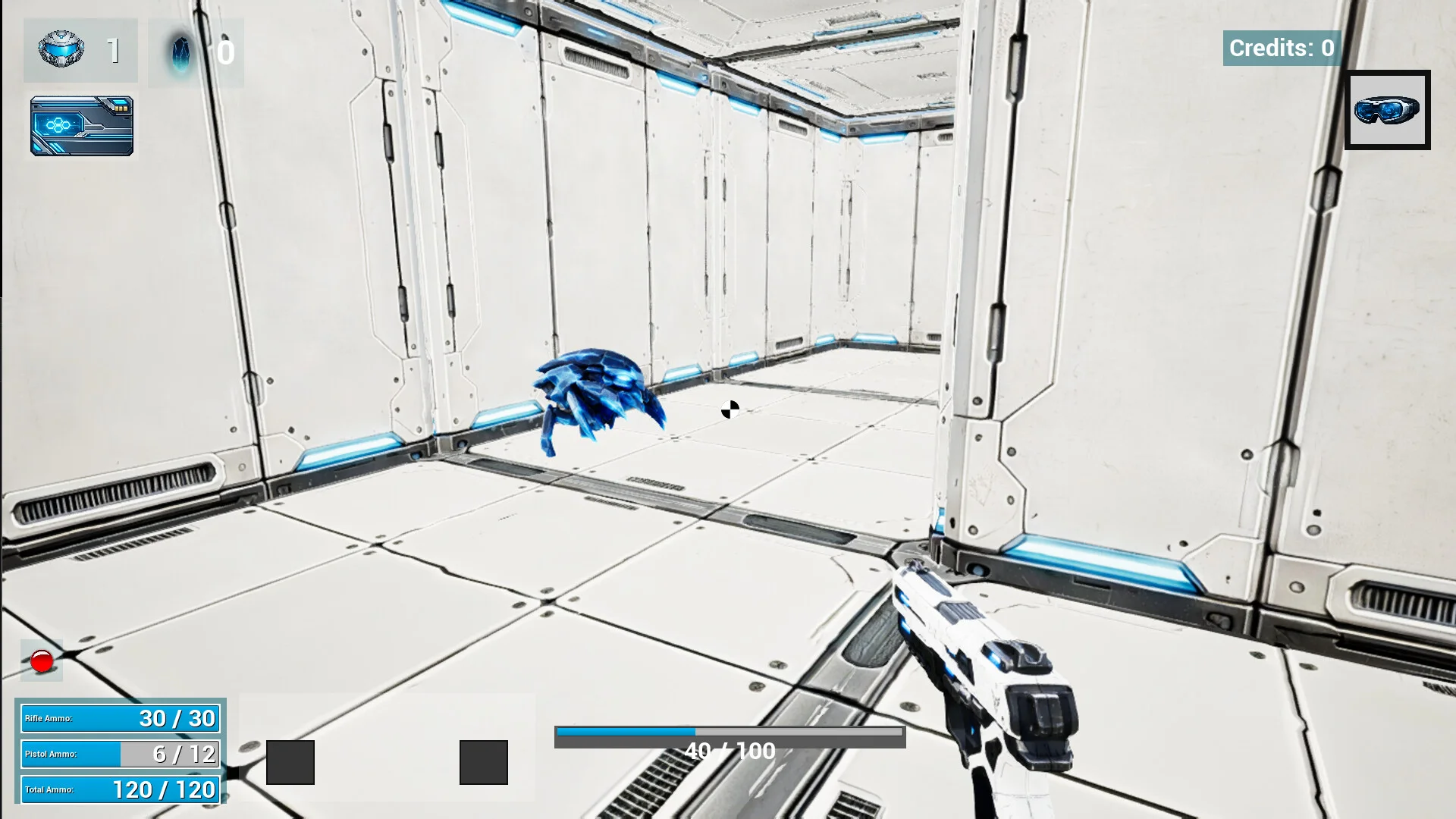 First-person pistol facing a blue alien creature around a white corridor corner