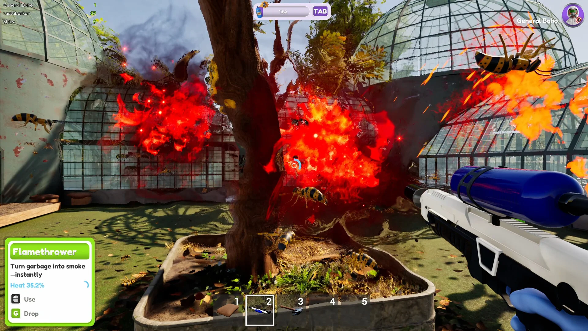 Greenhouse tree on fire, yellow-black wasps, flamethrower Heat 35.2%, glass domes, TAB bar, General Baho nameplate