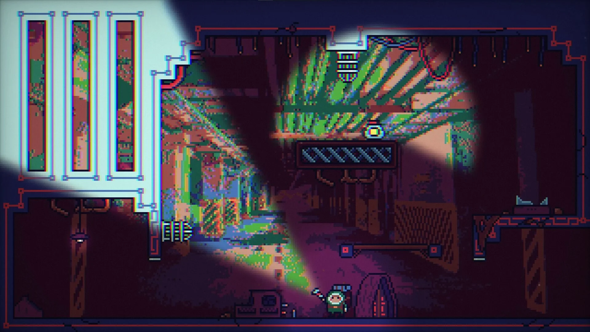 Backpack Boy light rewriting a puzzle room