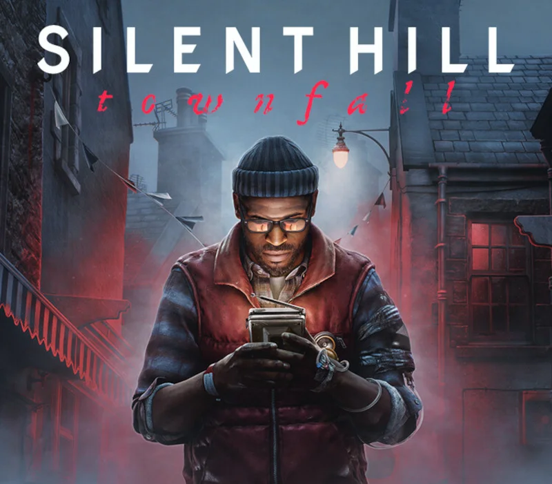 SILENT HILL: Townfall cover of Simon Ordell in a red vest and beanie, holding a pocket television on a foggy street