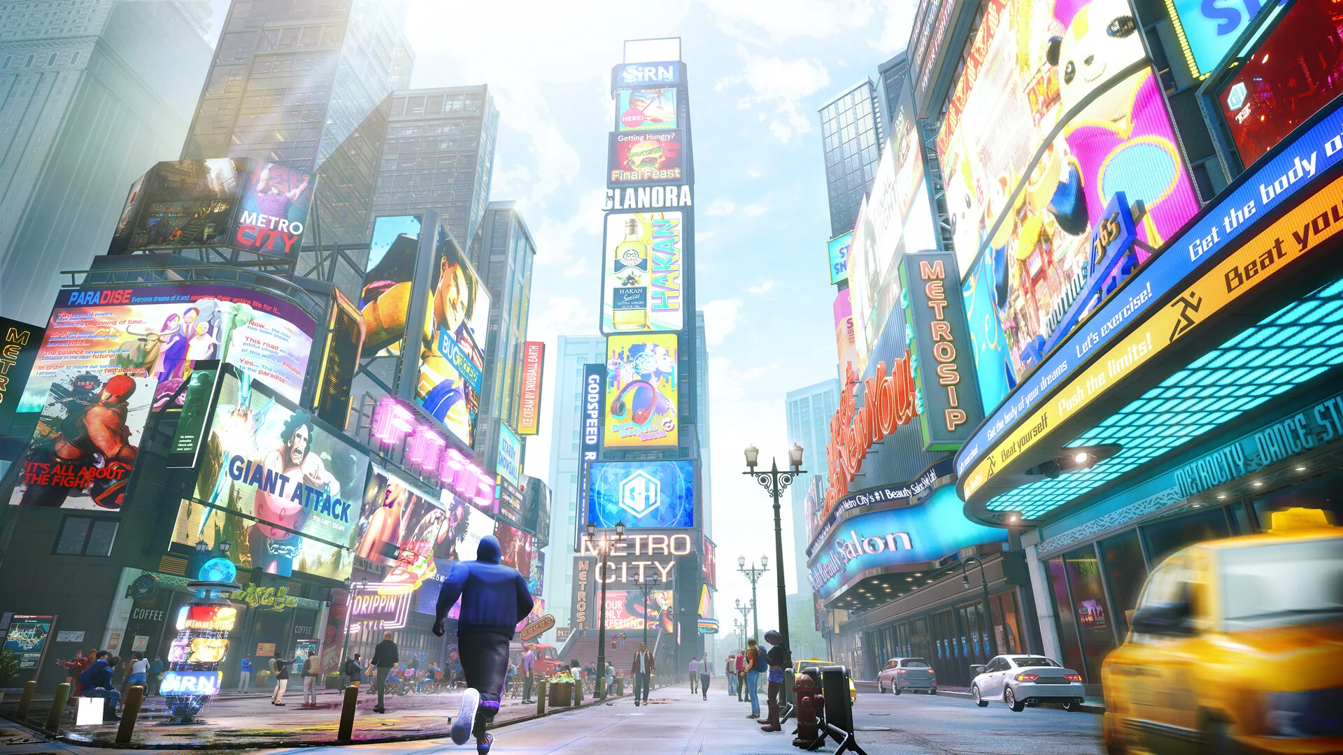 Avatar sprinting between towering LED ads and a blurry yellow cab on a sunlit Metro City avenue